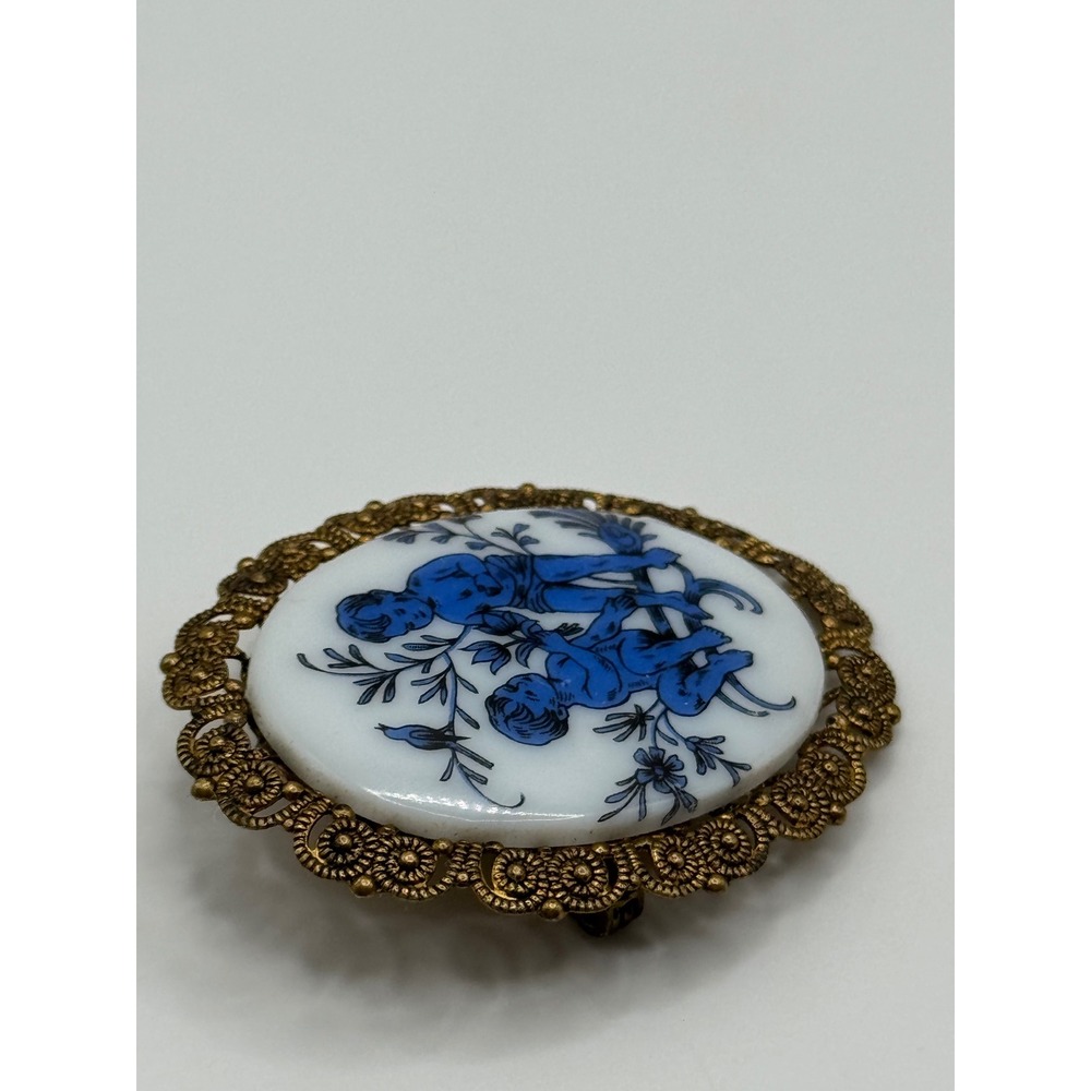 Vintage West Germany Brooch Blue and White Ceramic Cherub Pin - Picture 9 of 15